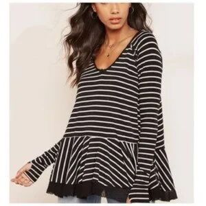 FREE PEOPLE Womens Black Striped Long Sleeve V Neck Peplum Top  Size: XS